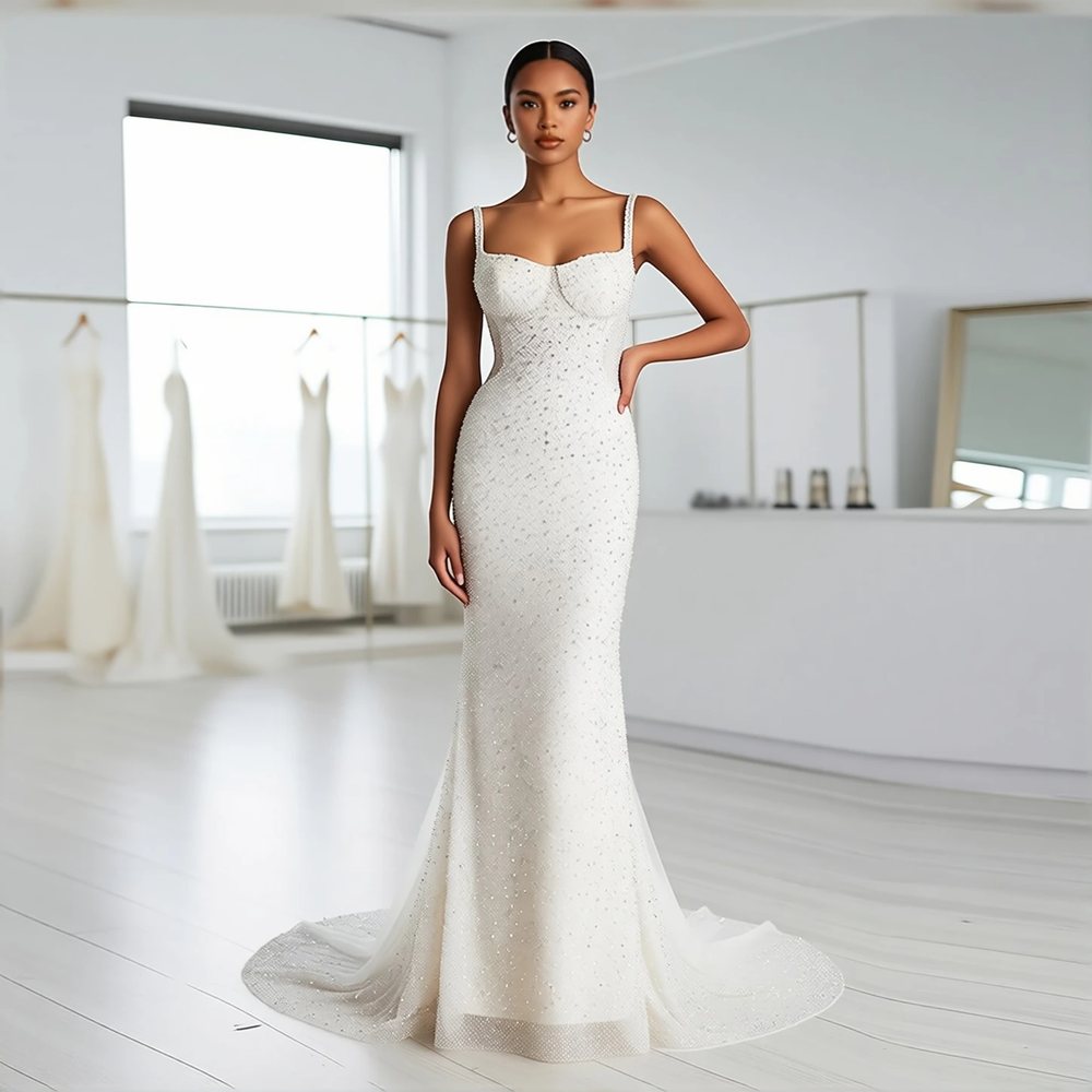 Vestido corte sirena en tul, vintage — escote cuadrado