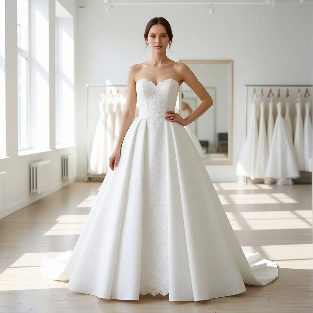 Vestido princesa em mikado, clássico — decote coração