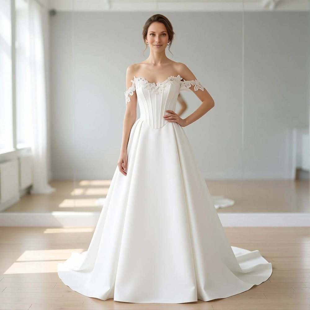 Vestido princesa em cetim, clássico — decote ombro a ombro