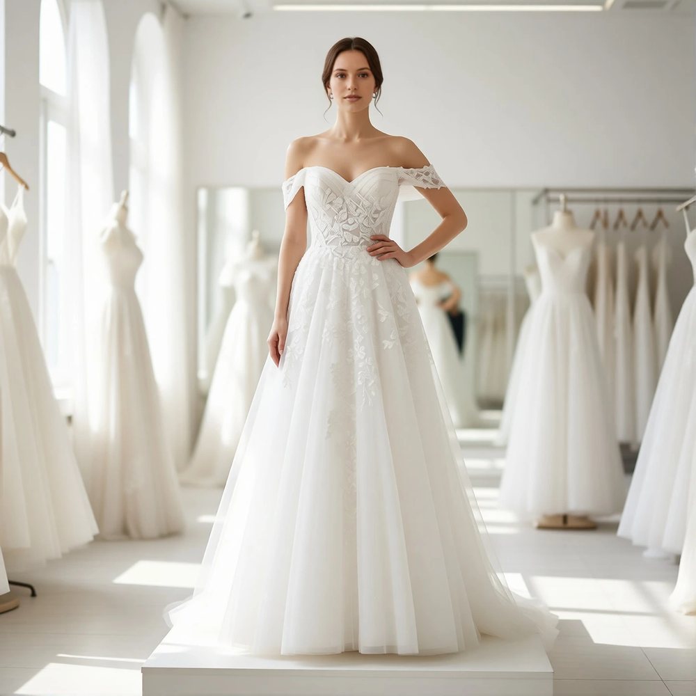 Brautkleid in A-Linie aus Tüll, romantisch — schulterfreier Ausschnitt
