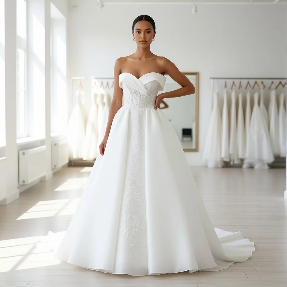 Vestido princesa em organza, clássico — decote ombro a ombro