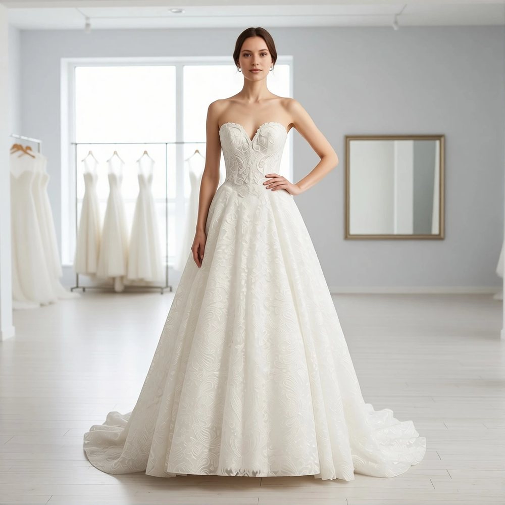 Brautkleid in Prinzessin aus Spitze, romantisch — Herzausschnitt