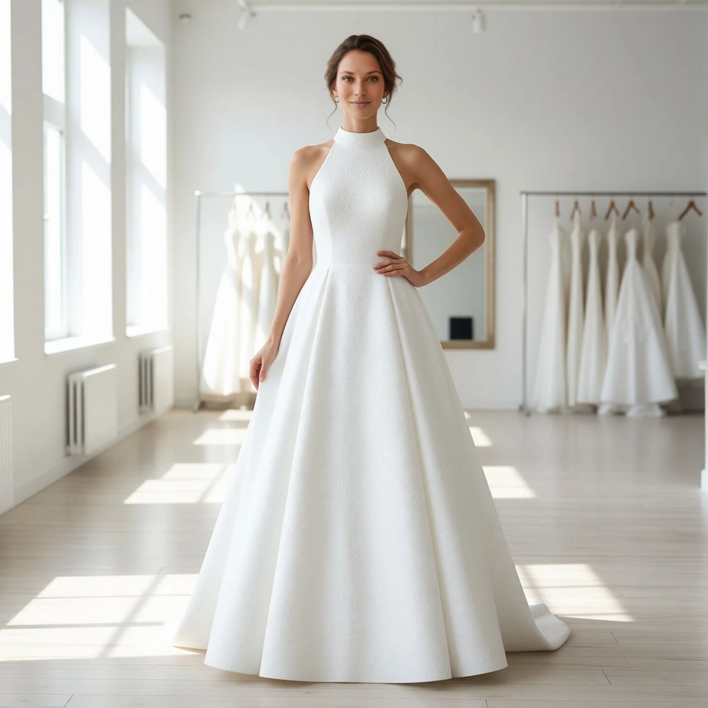 Vestido princesa em brocado, clássico — gola alta