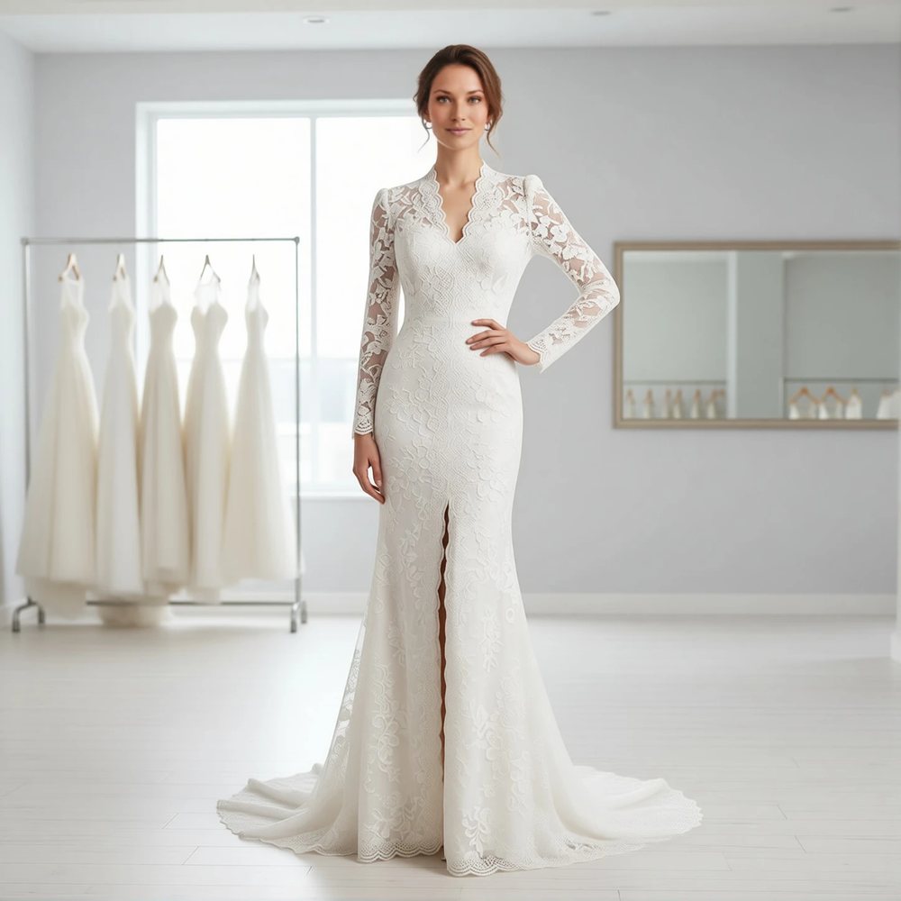 Abito a sirena in pizzo, vintage — scollo a V