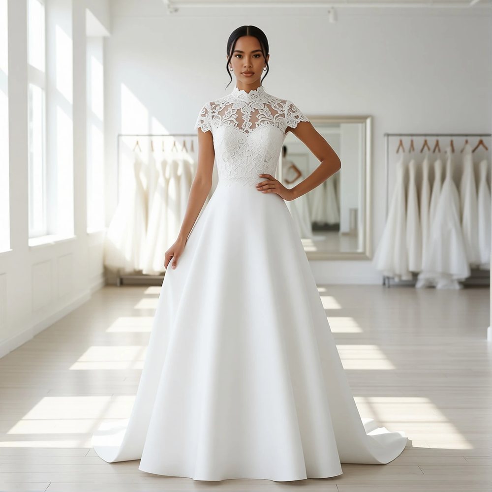 Vestido princesa em mikado, vintage — gola alta