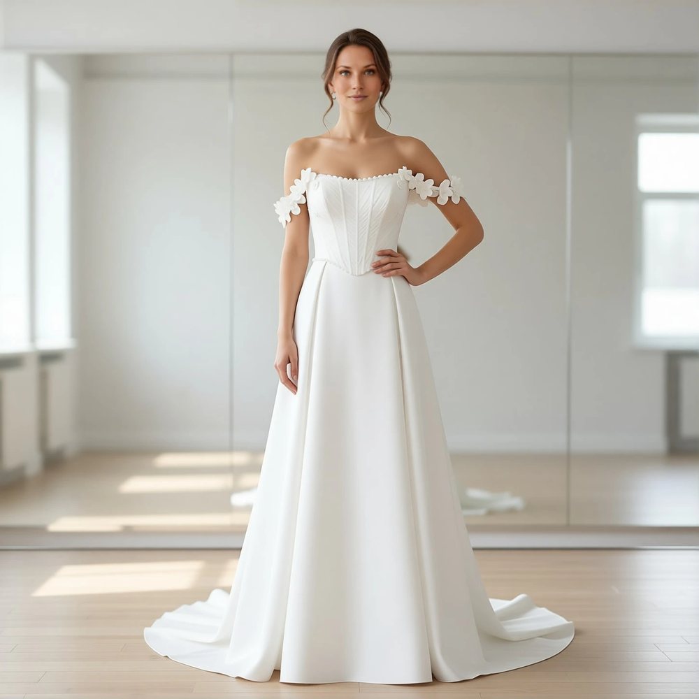 Brautkleid in A-Linie aus Mikado, romantisch — schulterfreier Ausschnitt