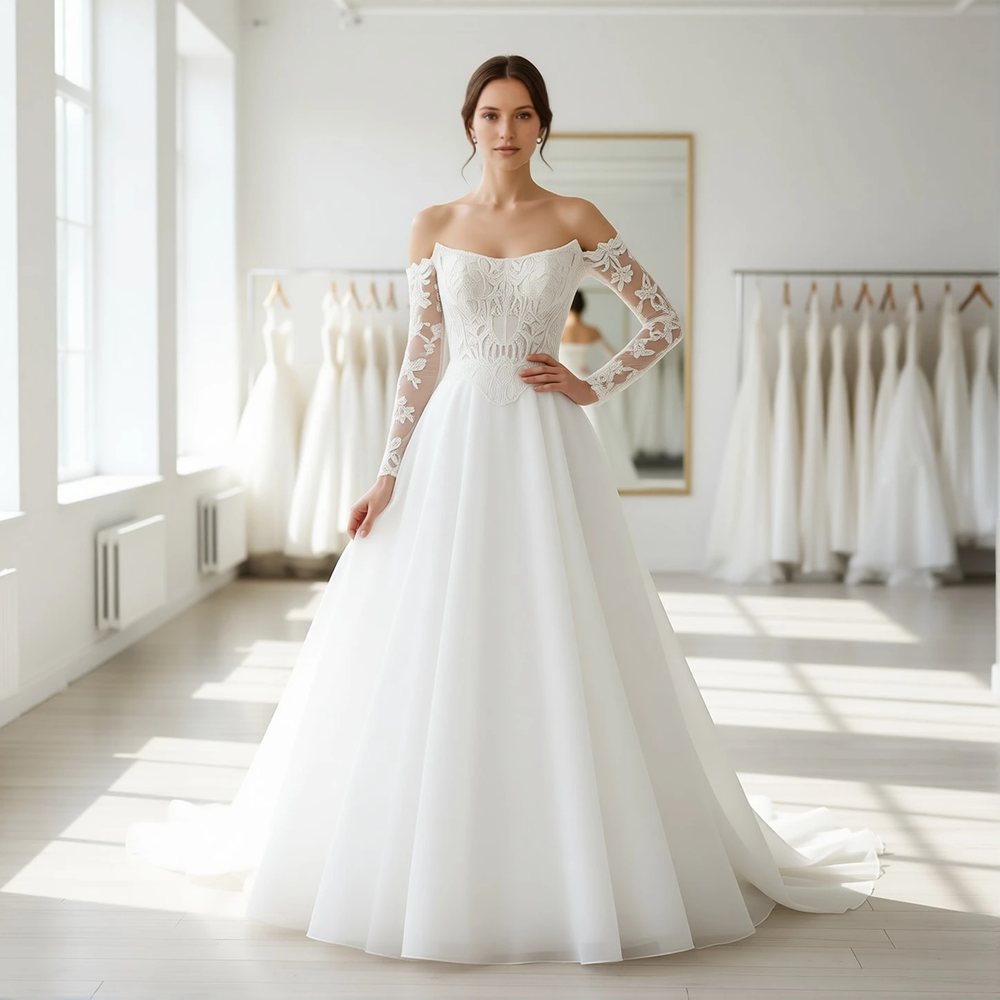 Brautkleid in A-Linie aus Tüll, romantisch — schulterfreier Ausschnitt