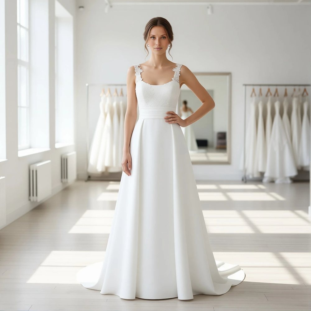 Vestido evasê em cetim, minimalista — decote quadrado