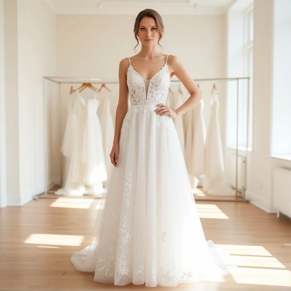 Brautkleid in A-Linie aus Tüll, boho — V-Ausschnitt