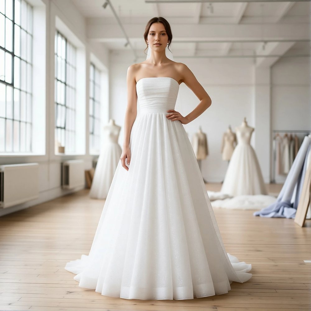 Vestido princesa em tule, minimalista — decote coração
