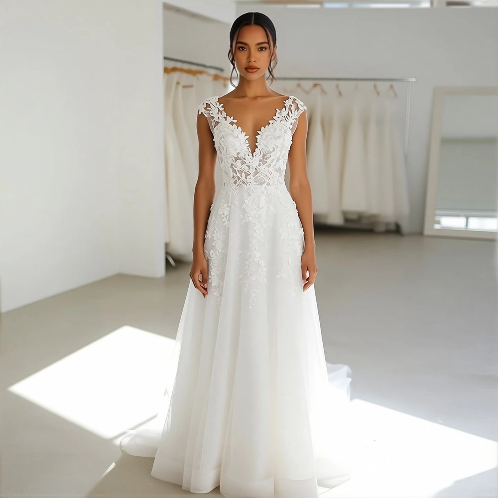 Brautkleid in A-Linie aus Tüll, romantisch — V-Ausschnitt