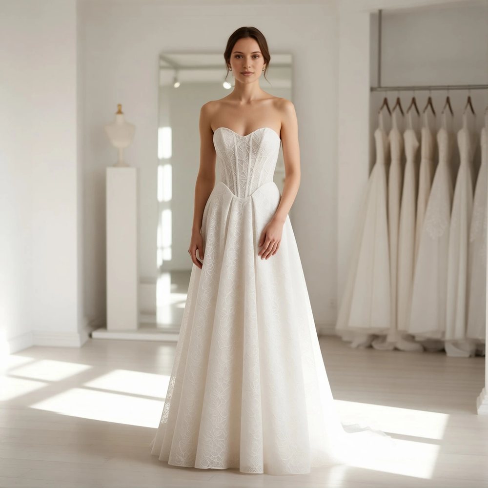Vestido princesa em renda, clássico — decote coração