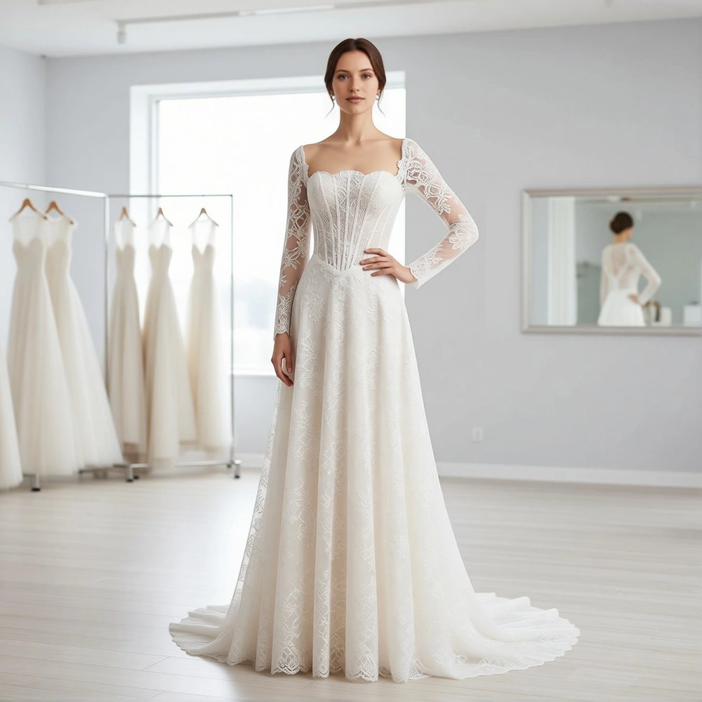 Brautkleid in A-Linie aus Spitze, boho — Karree-Ausschnitt