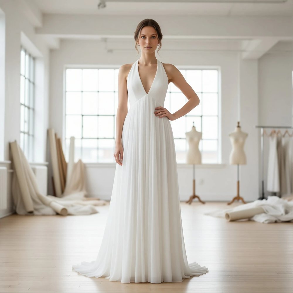 Vestido evasê em chiffon, minimalista — decote frente única