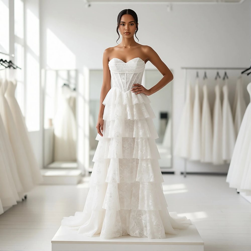 Brautkleid in A-Linie aus Spitze, romantisch — Herzausschnitt