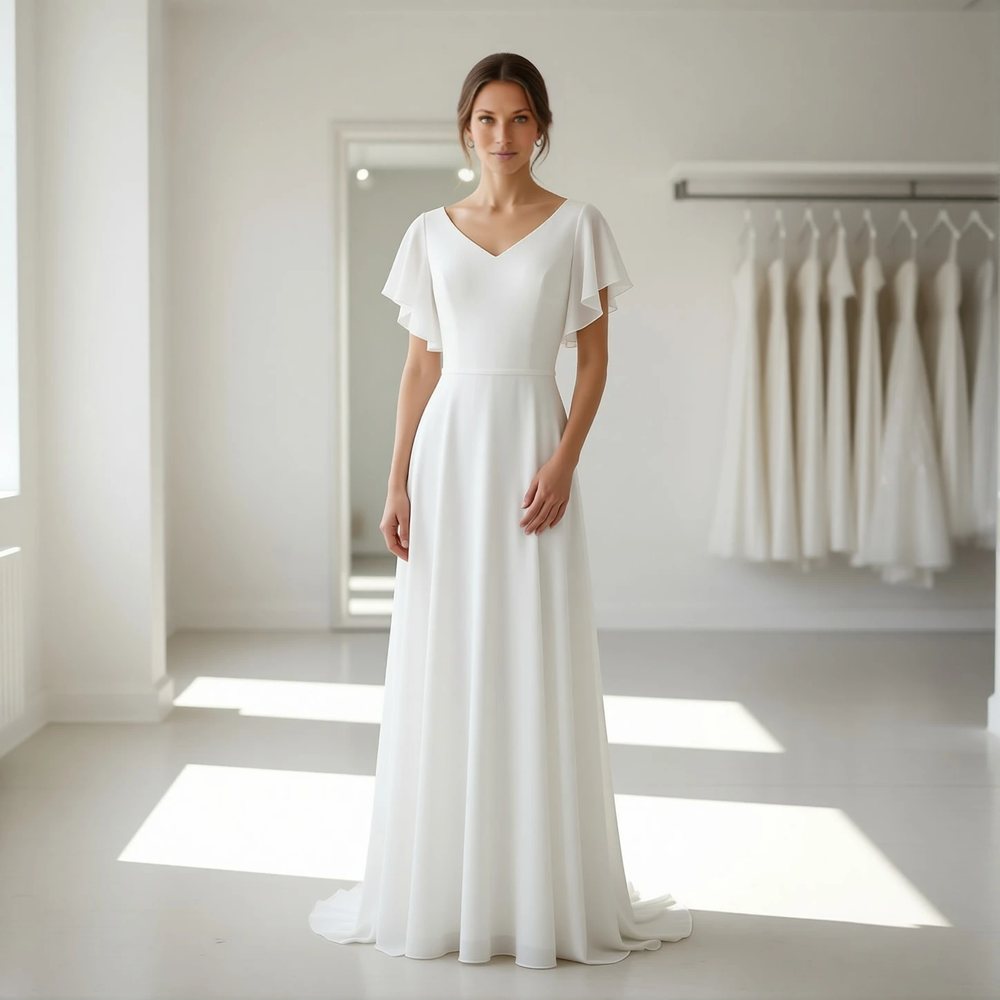 Vestido evasê em chiffon, minimalista — decote V