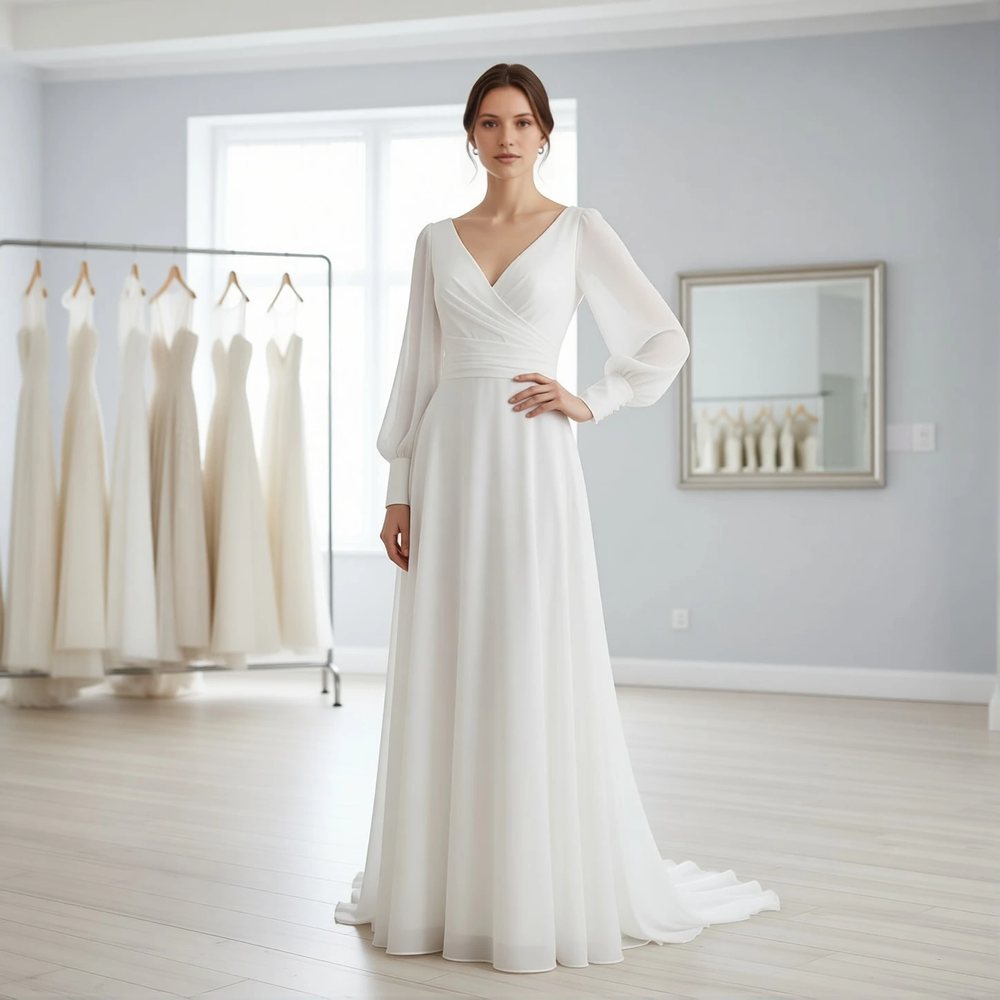 Brautkleid in A-Linie aus Chiffon, boho — V-Ausschnitt