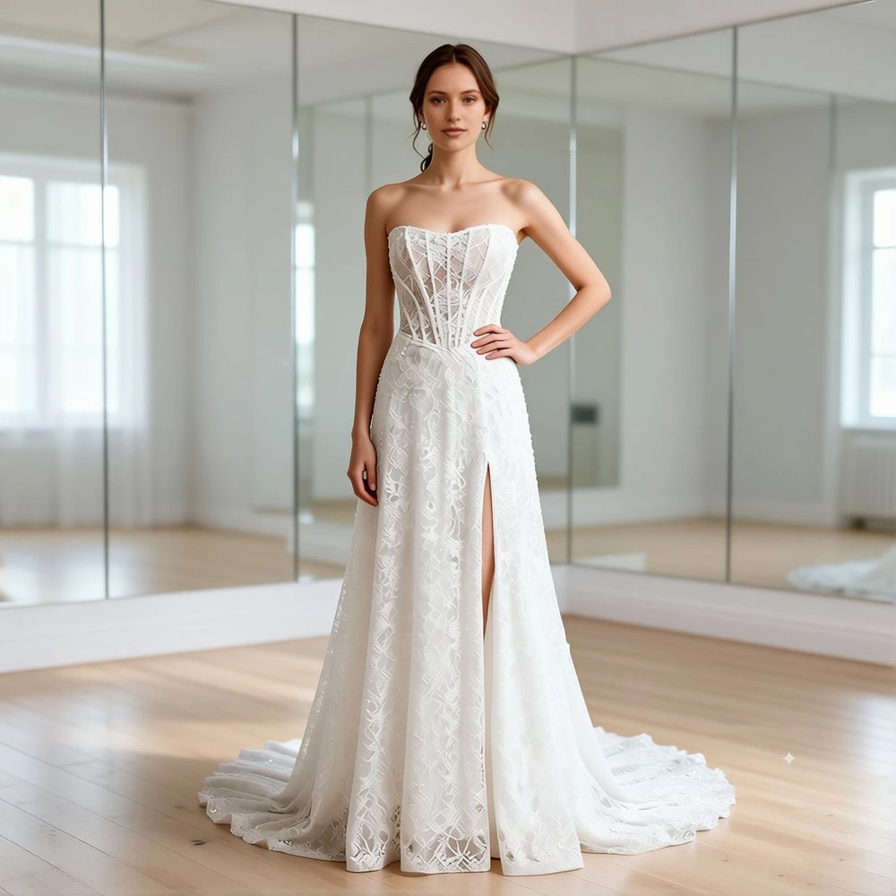 Brautkleid in A-Linie aus Spitze, romantisch — Karree-Ausschnitt
