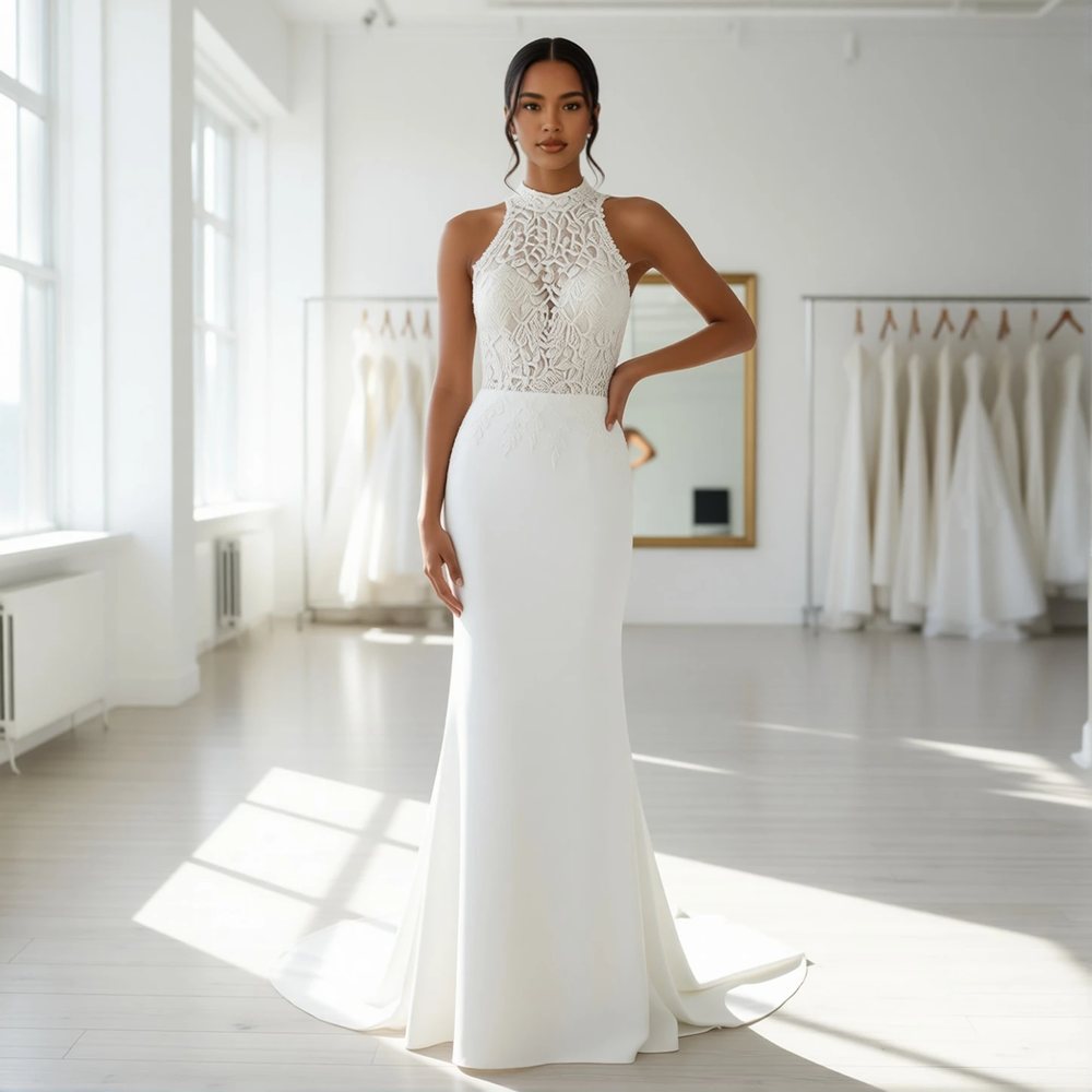 Brautkleid in Gerade geschnitten aus Spitze, romantisch — Illusionsausschnitt
