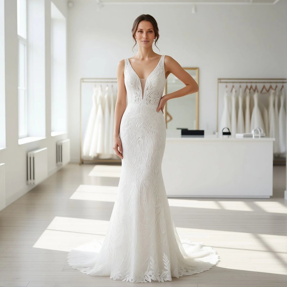 Brautkleid in Gerade geschnitten aus Spitze, romantisch — V-Ausschnitt