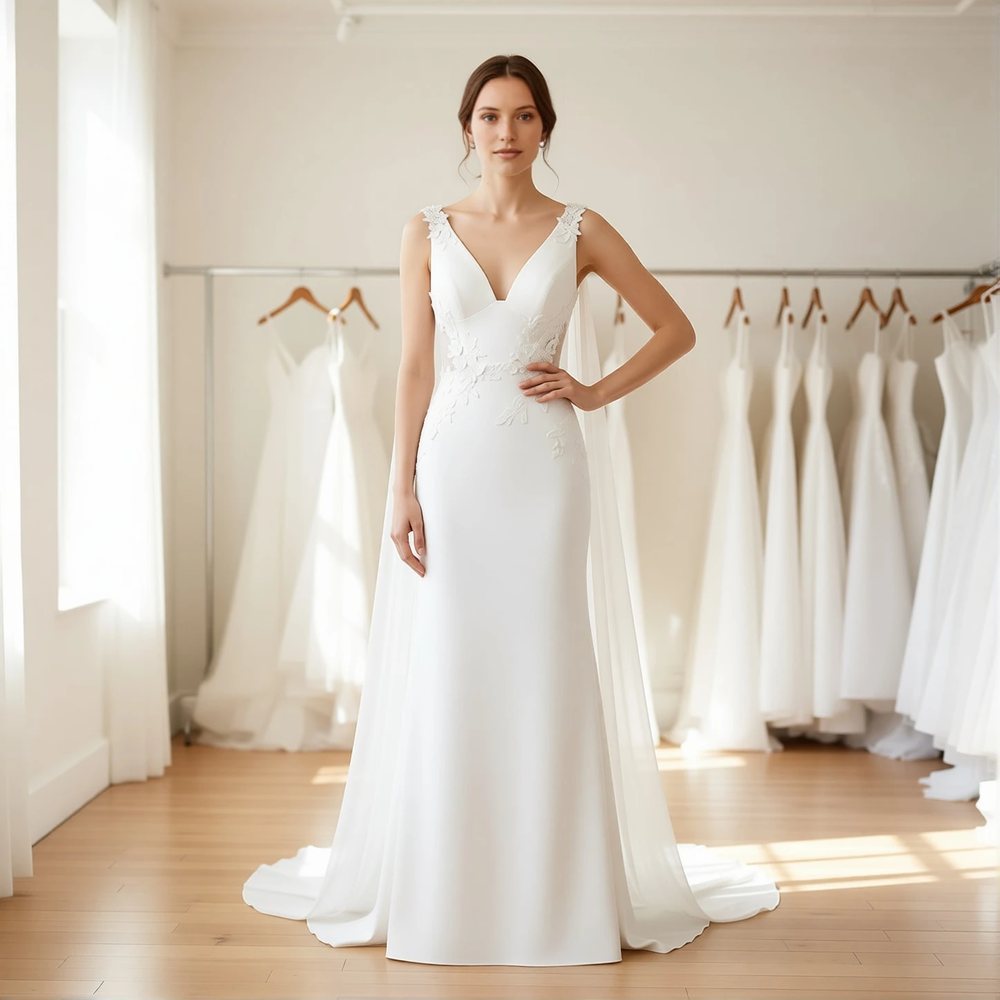 Vestido tubinho em crepe, clássico — decote V