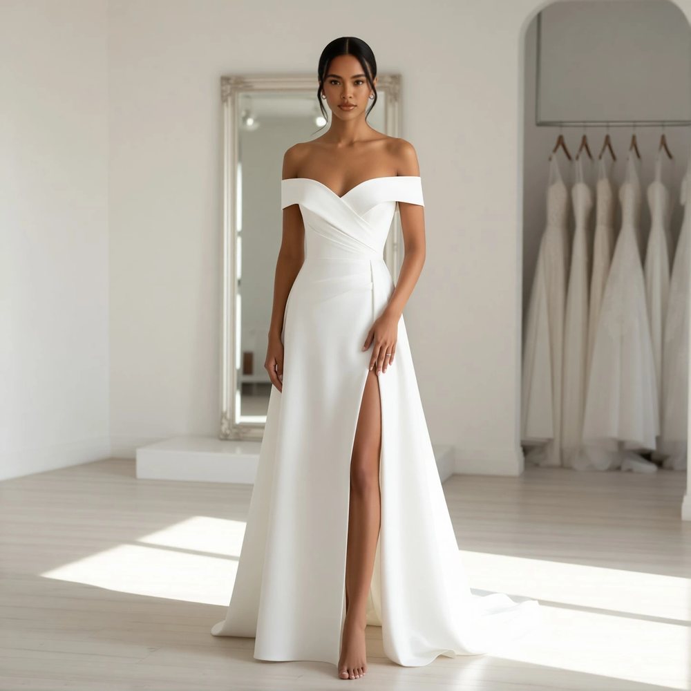 Vestido evasê em mikado, clássico — decote ombro a ombro