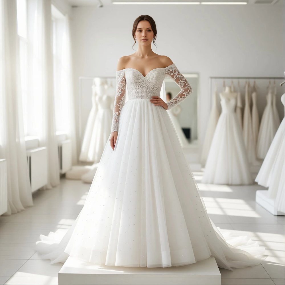 Brautkleid in Prinzessin aus Tüll, romantisch — Herzausschnitt