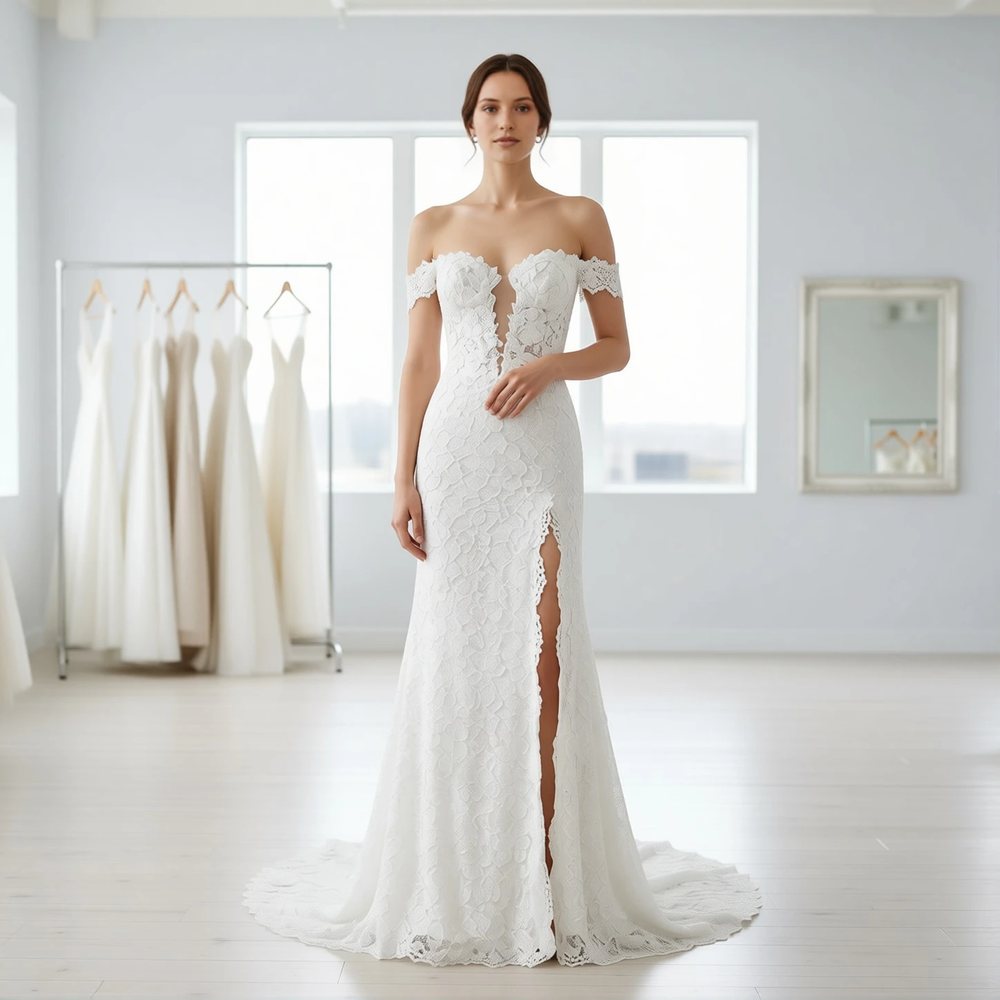 Brautkleid in Gerade geschnitten aus Spitze, boho — Herzausschnitt