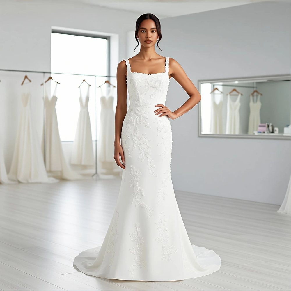Vestido sereia em renda, clássico — decote quadrado