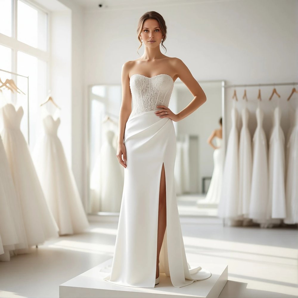 Brautkleid in Gerade geschnitten aus Satin, romantisch — Herzausschnitt