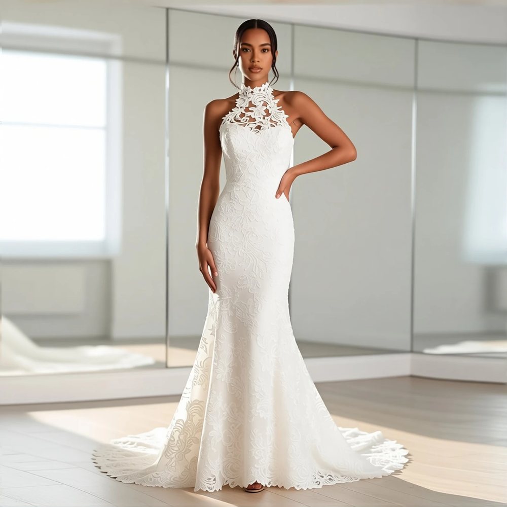 Abito a sirena in pizzo, vintage — collo alto