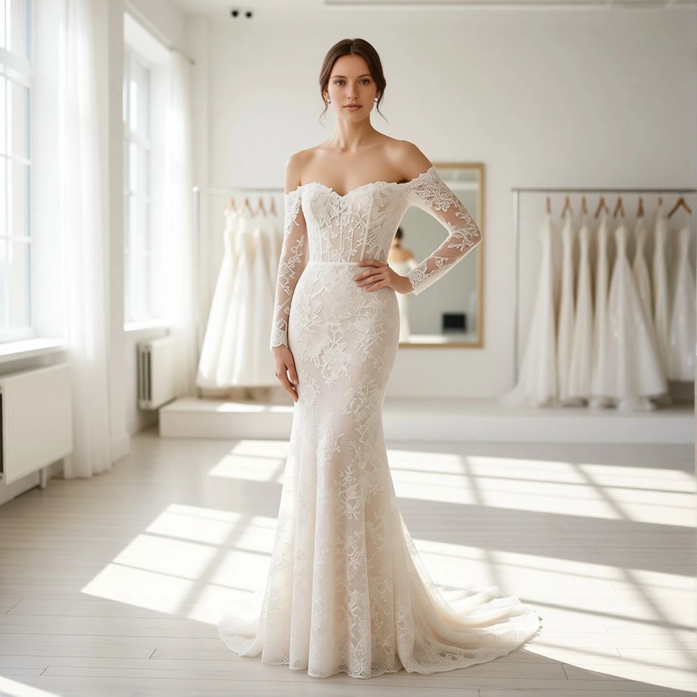 Brautkleid in Meerjungfrau aus Spitze, boho — Herzausschnitt