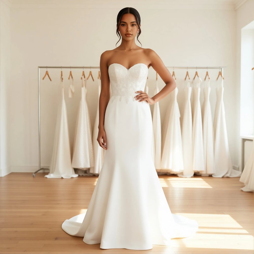 Vestido sereia em cetim, clássico — decote coração