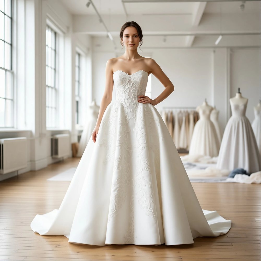 Vestido princesa em mikado, clássico — decote coração