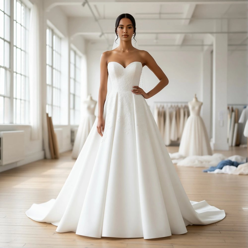 Vestido princesa em mikado, clássico — decote coração