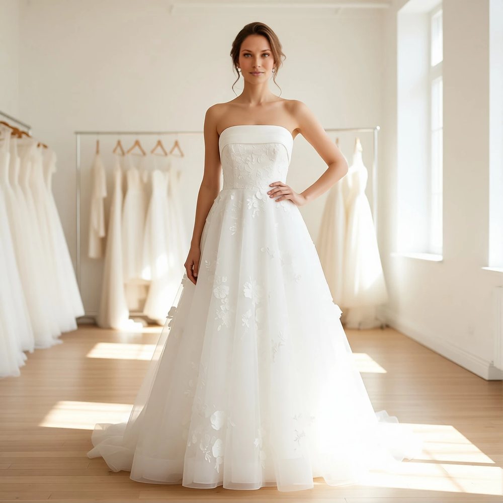 Brautkleid in A-Linie aus Tüll, romantisch — Karree-Ausschnitt