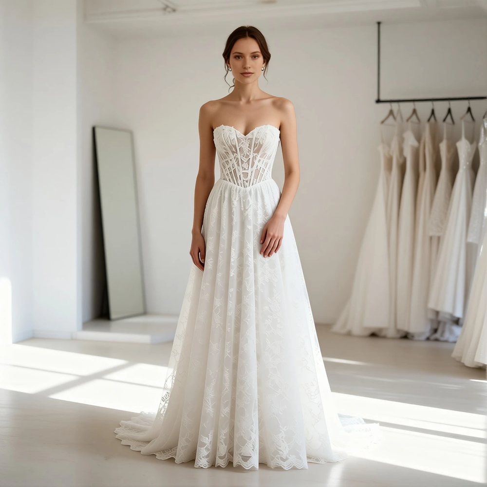 Brautkleid in A-Linie aus Spitze, romantisch — Herzausschnitt