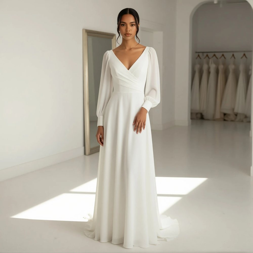Brautkleid in A-Linie aus Chiffon, boho — V-Ausschnitt