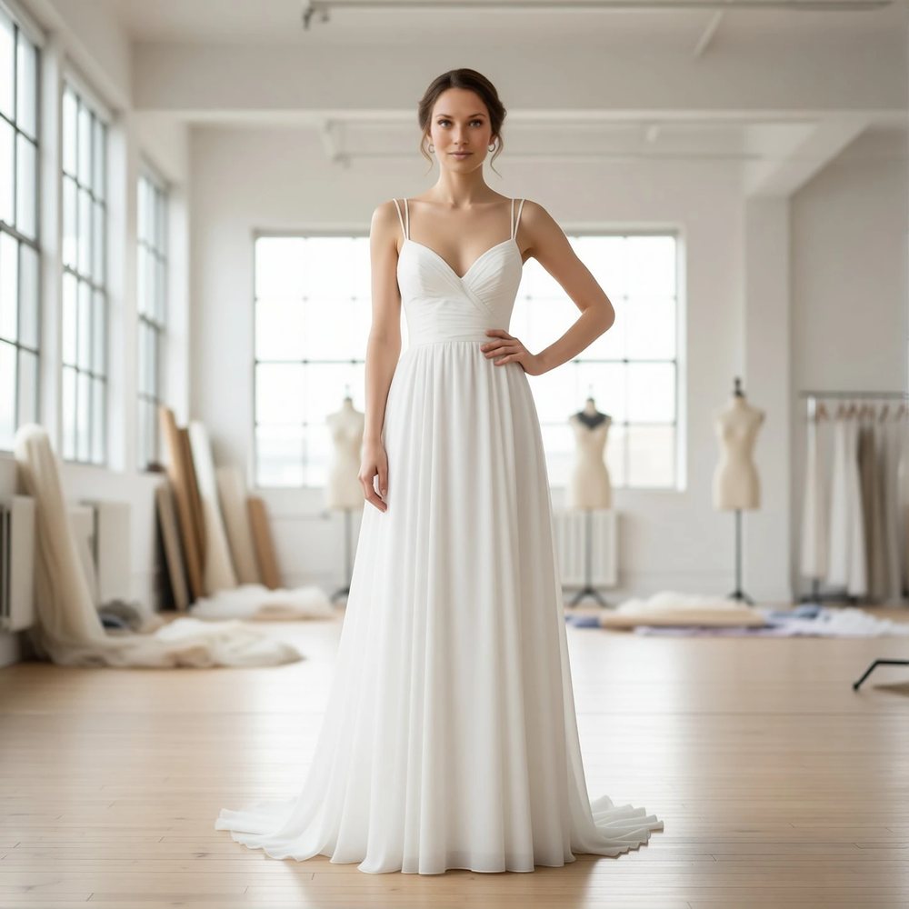 Vestido evasê em chiffon, minimalista — decote coração