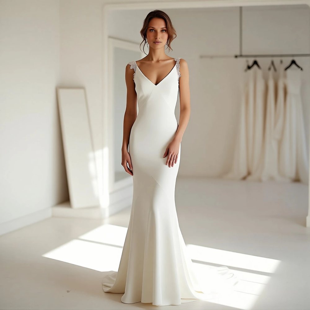 Vestido tubinho em crepe, clássico — decote V