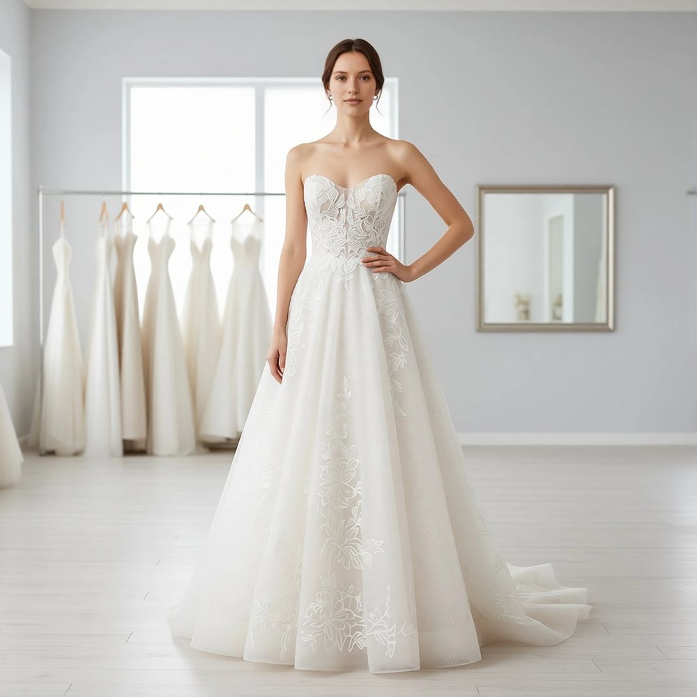 Brautkleid in A-Linie aus Tüll, romantisch — Herzausschnitt