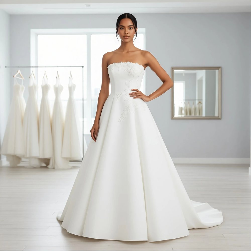 Vestido princesa em mikado, clássico — decote quadrado