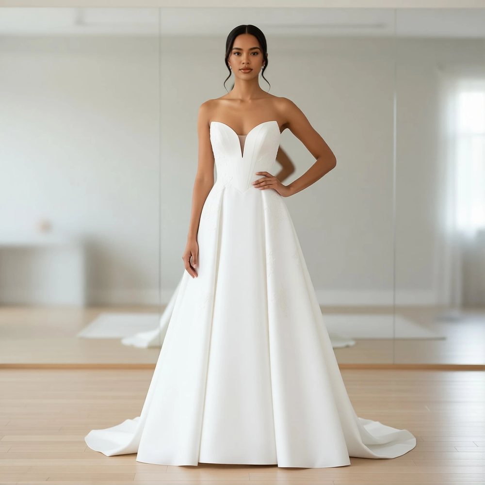 Vestido princesa em mikado, clássico — decote V