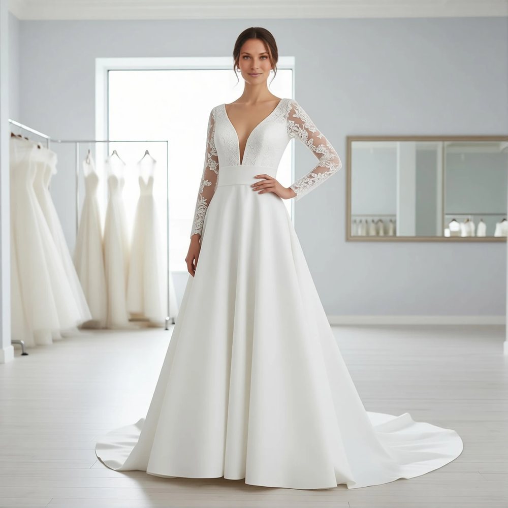 Vestido evasê em mikado, clássico — decote V
