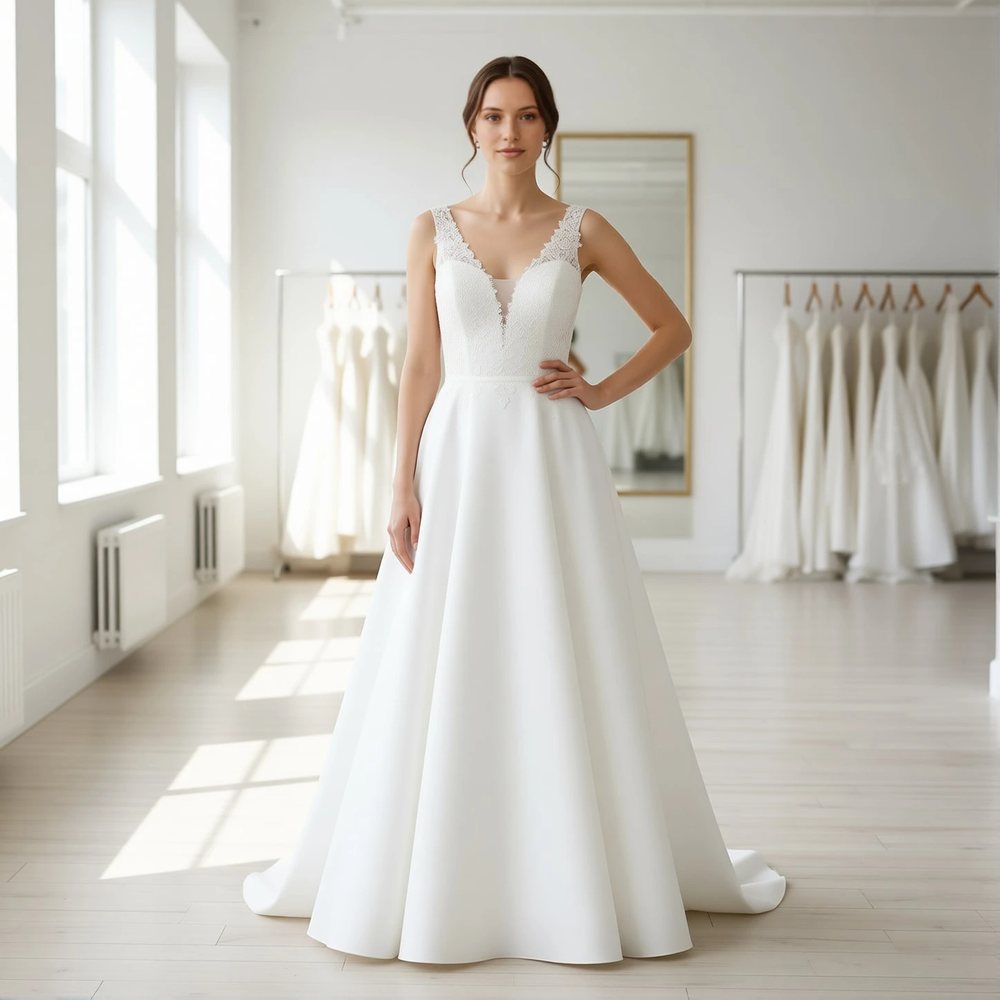 Vestido evasê em mikado, minimalista — decote drapeado