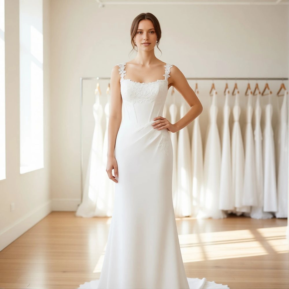 Vestido tubinho em crepe, clássico — decote quadrado