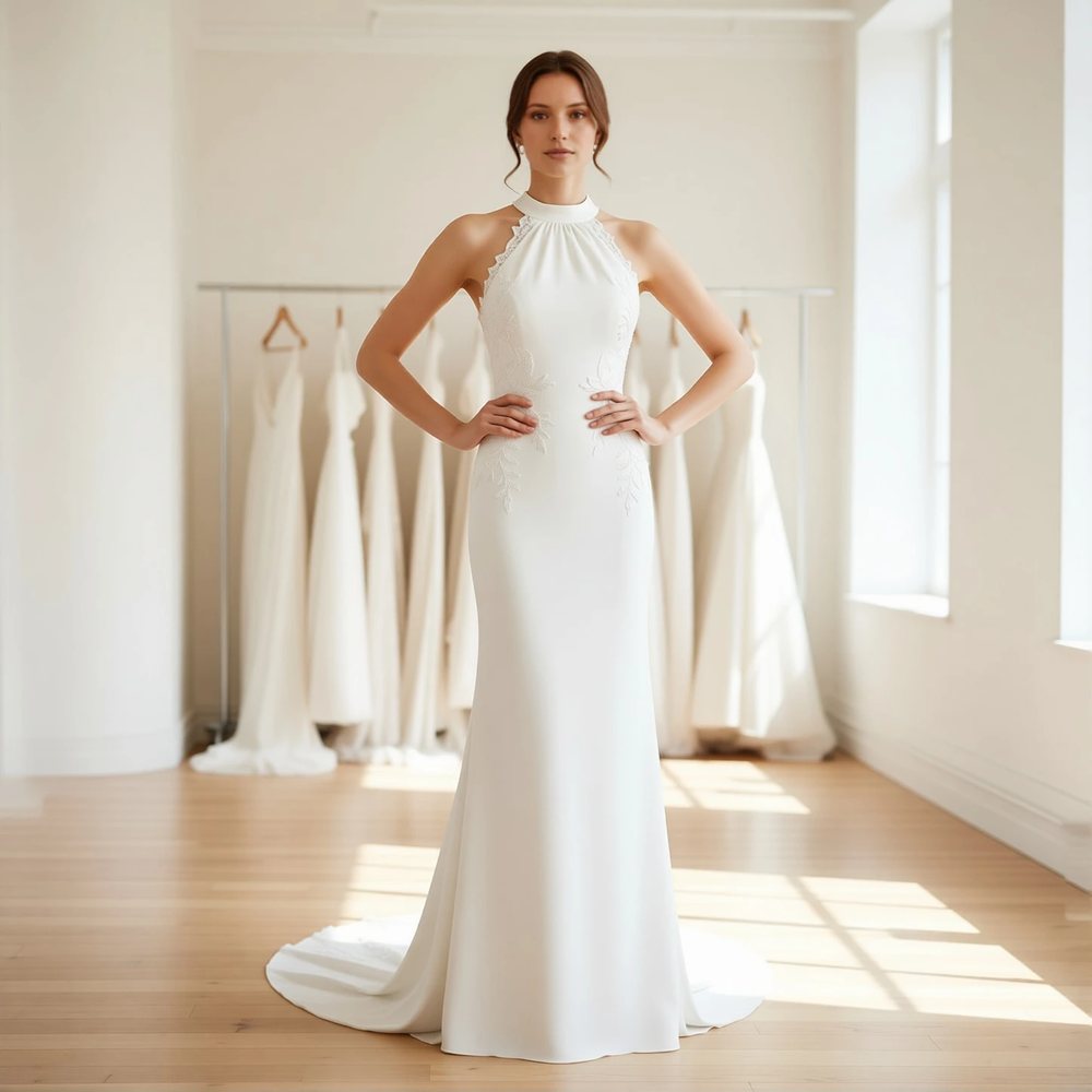 Vestido tubinho em crepe, clássico — gola alta