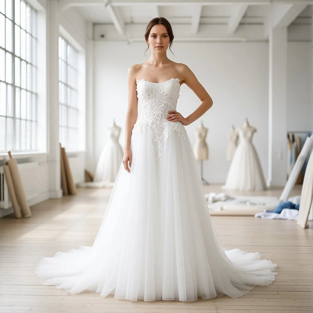Brautkleid in A-Linie aus Tüll, romantisch — Herzausschnitt