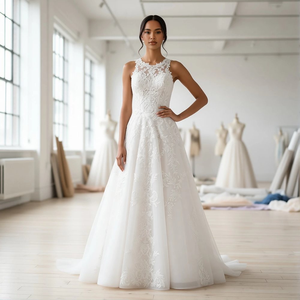 Brautkleid in A-Linie aus Spitze, romantisch — Illusionsausschnitt