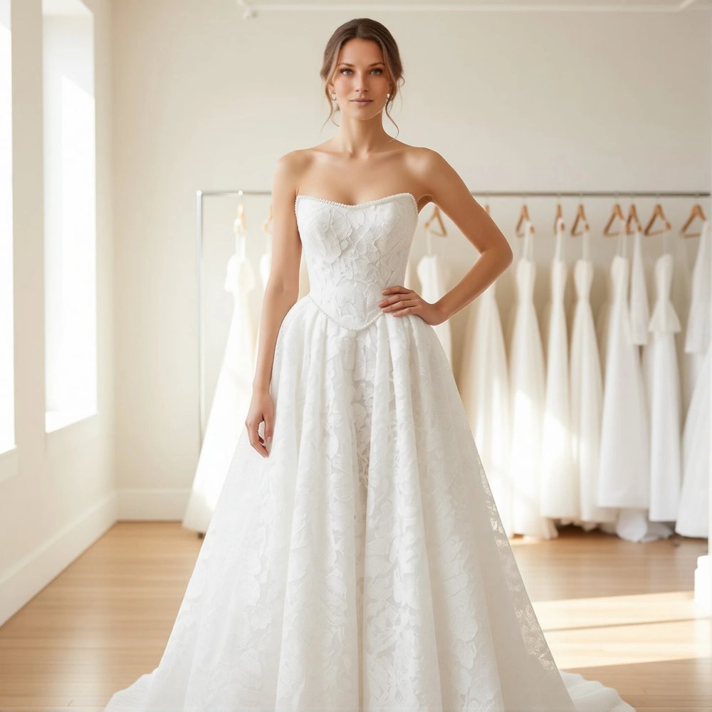 Brautkleid in Prinzessin aus Spitze, romantisch — Herzausschnitt